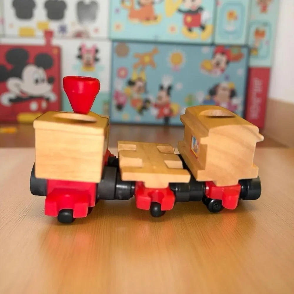 Vintage Mattel Disney Mickey Mouse Rail Road Train Wood & Plastic 3 Pc Set A41